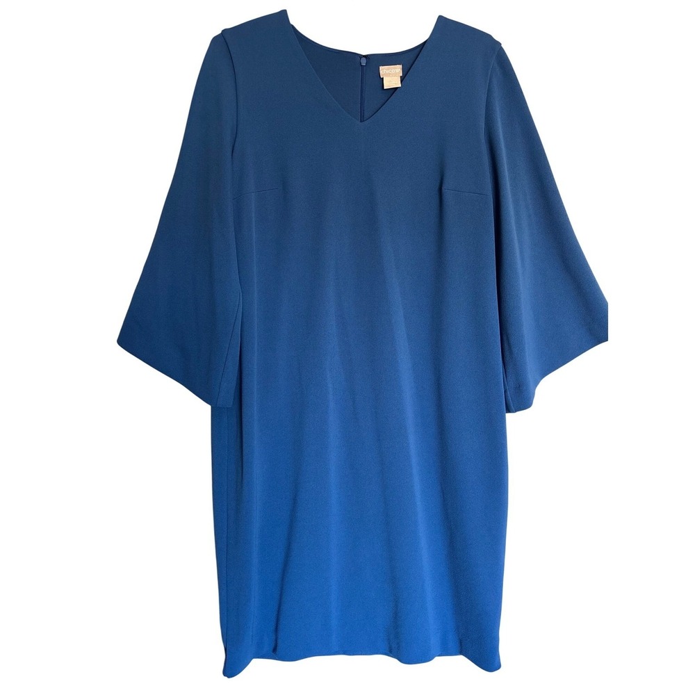 Chicos Blue V-Neck Bell Sleeve Shift Dress Chicos Size 1‎ Stretch Crepe Lined